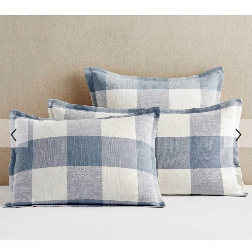 Pottery Barn Bryce Check Standard Sham Set 2 Chambray Blue White Cotton NEW